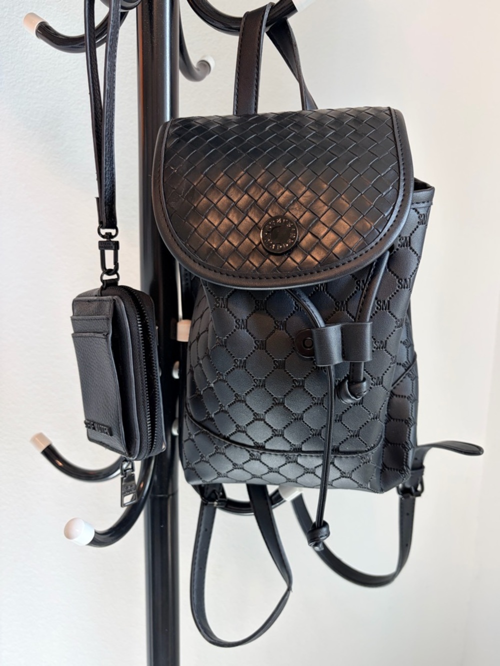 Steve Madden Black Backpack & Pebbled Leather Wristlet Card Case with Strap